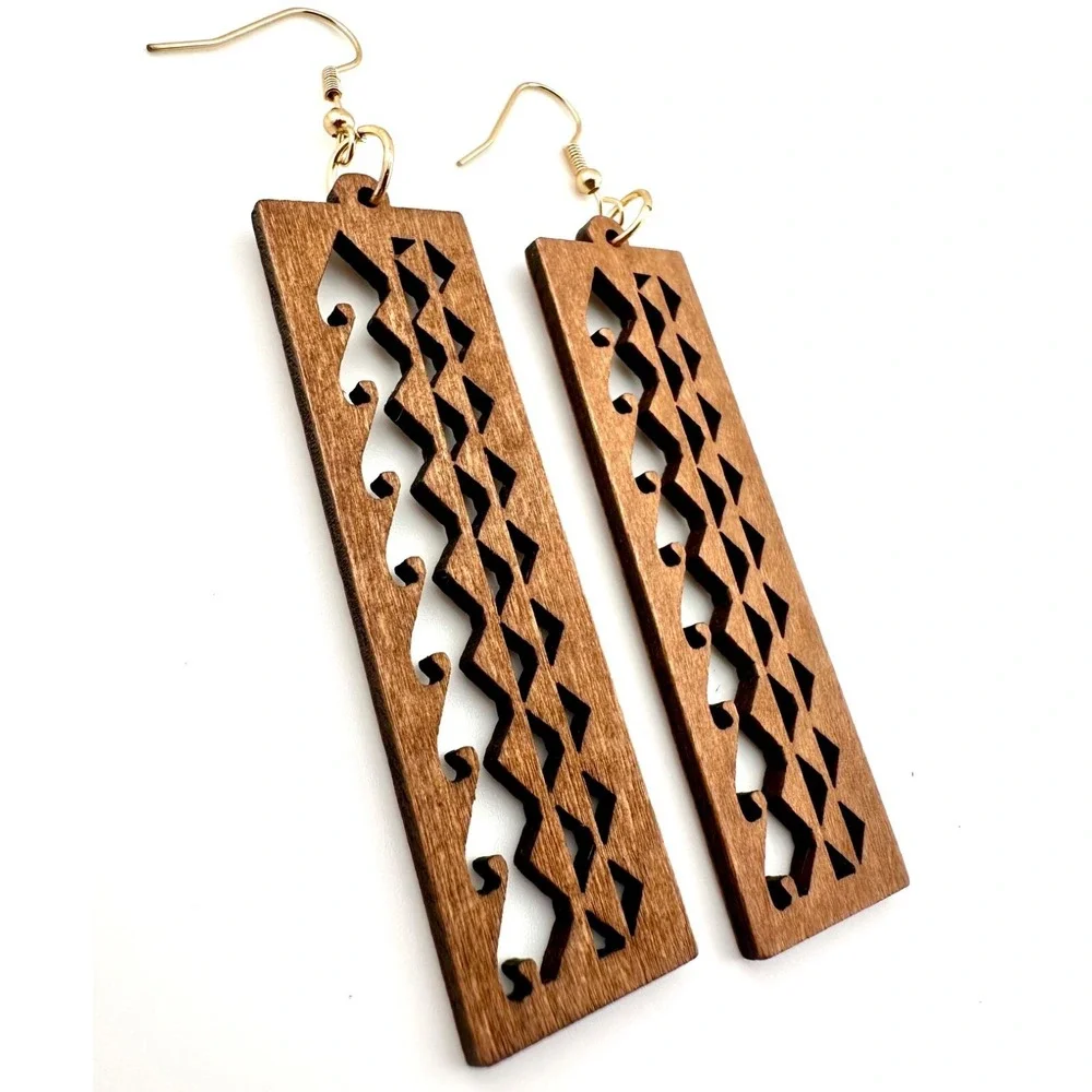 Chestnut Brown Ocean Waves Laser Cut Wood Earrings